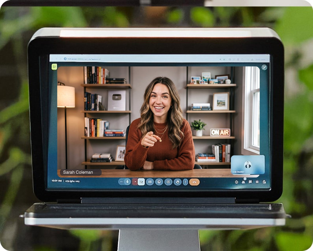 iVi showing a warm video caller on screen, demonstrating natural eye contact during a call.