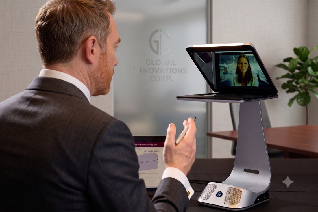 iVi in a professional video call setting, showing a high-trust executive workspace.