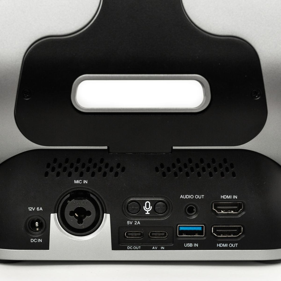 iVi rear panel close-up showing labelled XLR, HDMI, USB, and power ports.