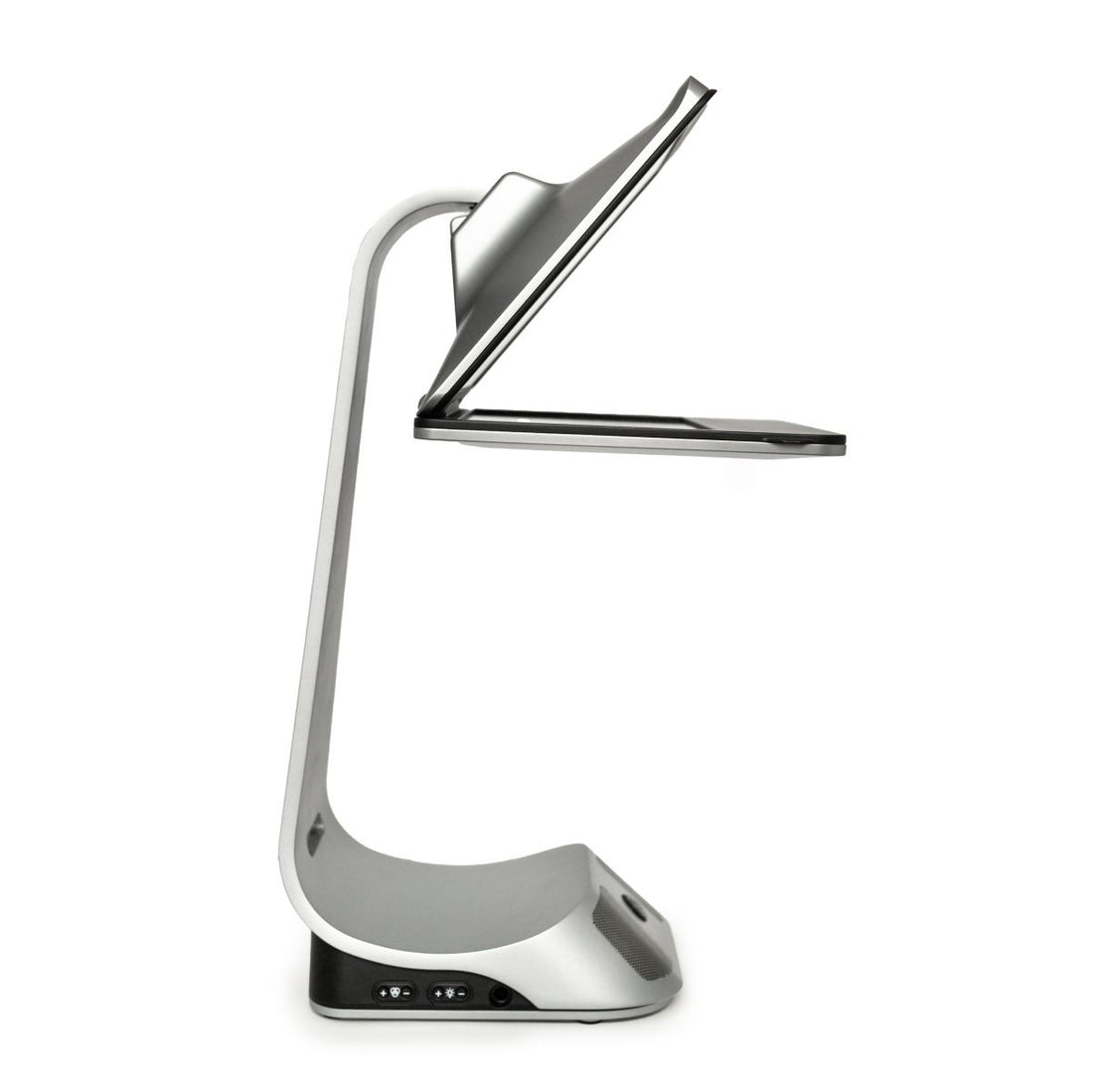 iVi side profile with screen open, showing the stand depth and beam-splitter structure.