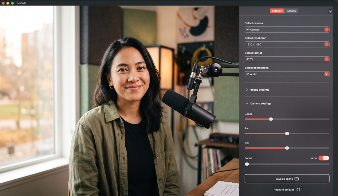 IVICAM main interface showing live iVi camera preview, device selection, resolution, microphone, and camera controls.